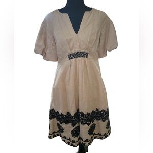 Anthropologie Orla Dress Embroidered Puff Sleeve Size 4 Cream with Black